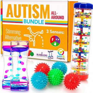 Autism & Prosperity Kids Toys All-Around Sensory Stim Alternative Autistic Children Bundle, ASD Child Boy Girls Teen - Calm Rainmaker, Liquid Motion Bubbler, Spiky Balls, Stimulation Product Tool Item